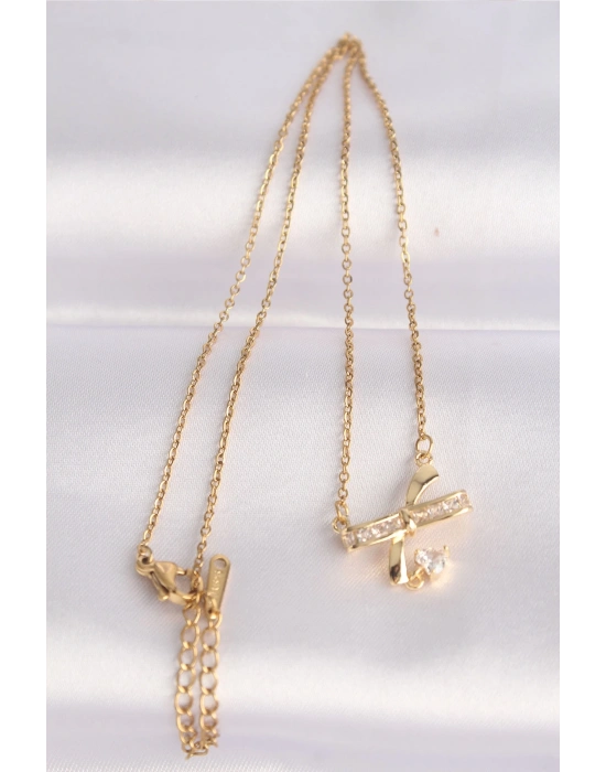 ® 316L Çelik Zincir Altın Renk Zirkon Taşlı Kalp Detay Fiyonk Kolye