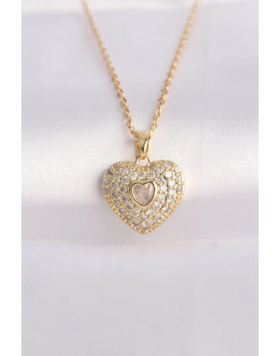® 316L Çelik Zincir Altın Renk Zirkon Taşlı Kalp Kolye