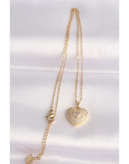 ® 316L Çelik Zincir Altın Renk Zirkon Taşlı Kalp Kolye