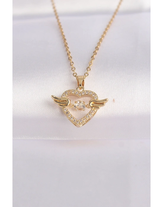 ® 316L Çelik Zincir Altın Renk Zirkon Taşlı Kanatlı Kalp Kolye