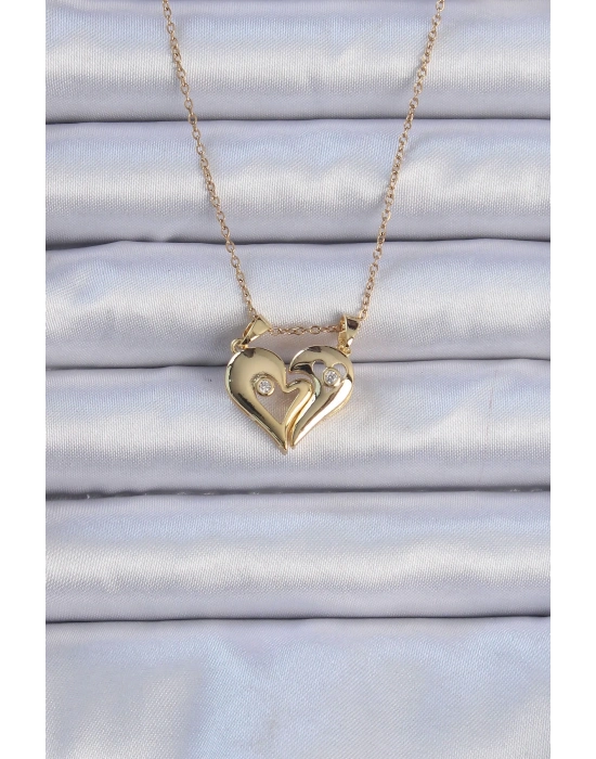 ® 316L Çelik Zincir Altın Renk Zirkon Taşlı Mıknatıslı Kalp Kolye