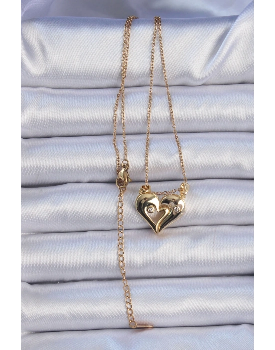 ® 316L Çelik Zincir Altın Renk Zirkon Taşlı Mıknatıslı Kalp Kolye