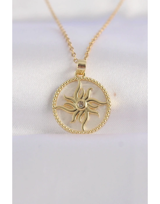 ® 316L Çelik Zincir Altın Renk Zirkon Taşlı Oval Tasarım Güneş Kolye