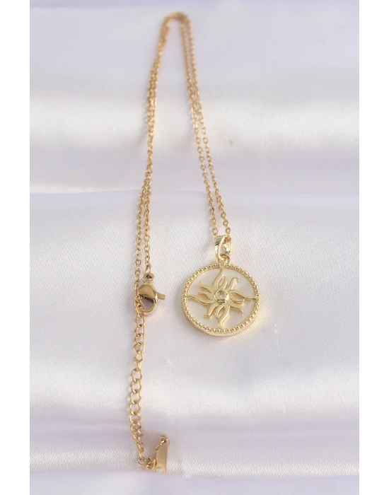 ® 316L Çelik Zincir Altın Renk Zirkon Taşlı Oval Tasarım Güneş Kolye
