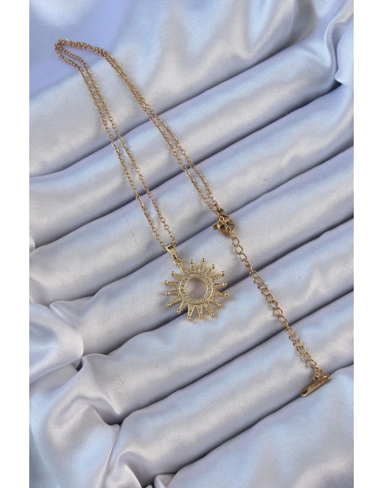 ® 316L Çelik Zincir Altın Renk Zirkon Taşlı Parlayan Güneş Kolye