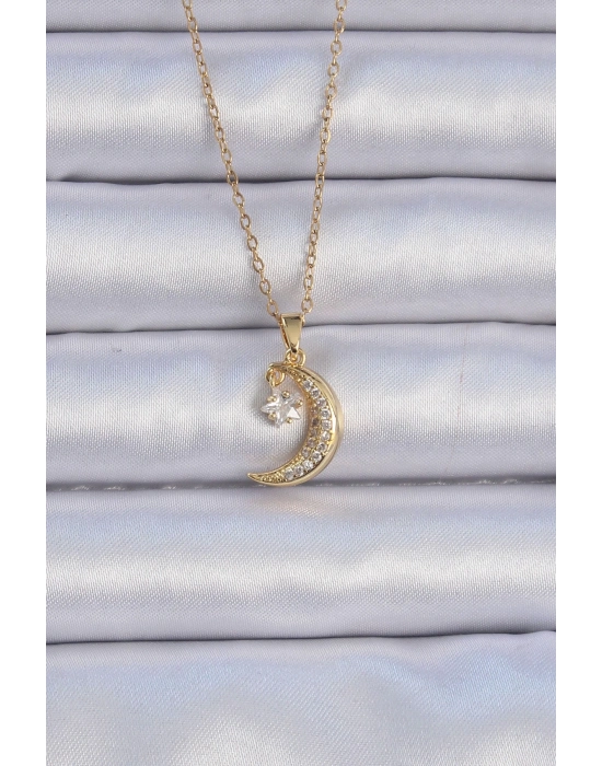 ® 316L Çelik Zincir Altın Renk Zirkon Taşlı Sallantılı Ay Yıldız Kolye