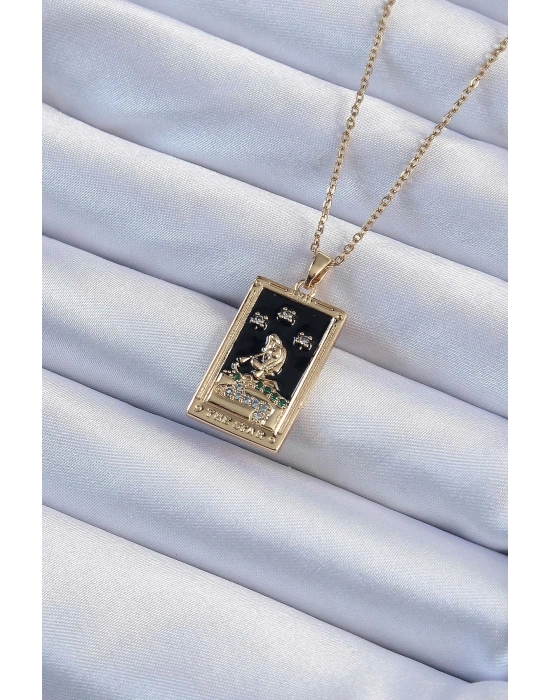 ® 316L Çelik Zincir Altın Renk Zirkon Taşlı Siyah Mineli Kız Figürlü Tarot Kolye