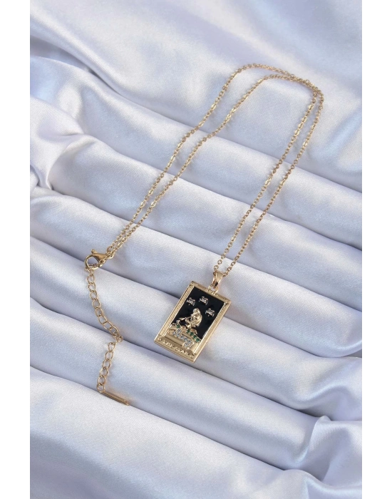 ® 316L Çelik Zincir Altın Renk Zirkon Taşlı Siyah Mineli Kız Figürlü Tarot Kolye