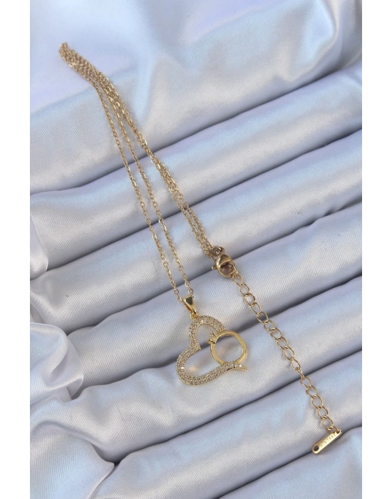 ® 316L Çelik Zincir Altın Renk Zirkon Taşlı Yüzüklü Kalp Kolye