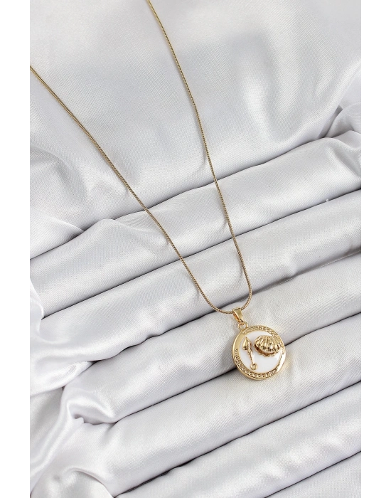 ® 316L Çelik Zincir Beyaz Mineli Sanatsal Portre İstiridye Model Gold Renk Kadın Kolye