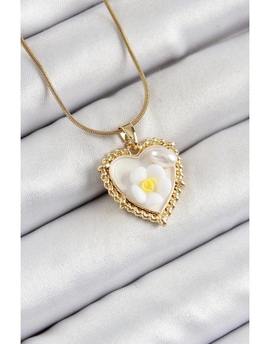 ® 316L Çelik Zincir Beyaz Sanatsal Portre İnci Detaylı Papatya Figürlü Kalp Model Gold Renk Kadın Kolye
