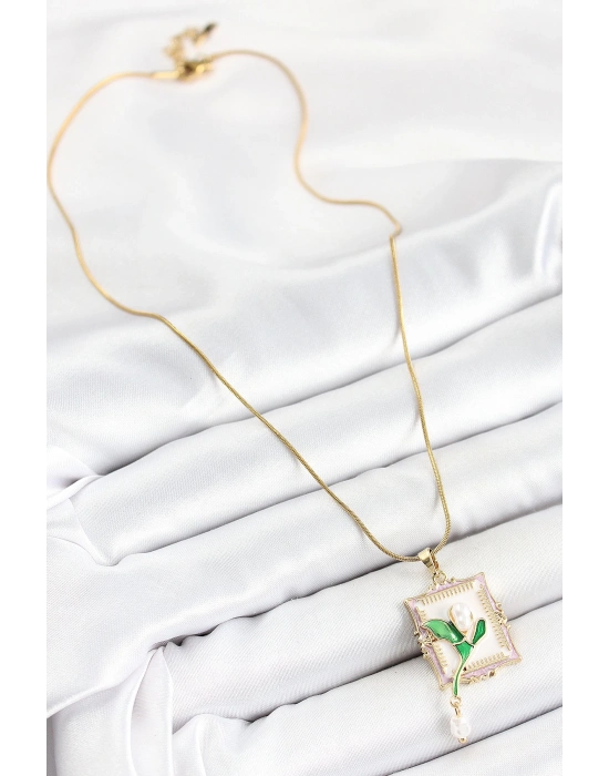 ® 316L Çelik Zincir Beyaz Sanatsal Portre Sallantılı İnci Detaylı Lale Model Gold Renk Kadın Kolye