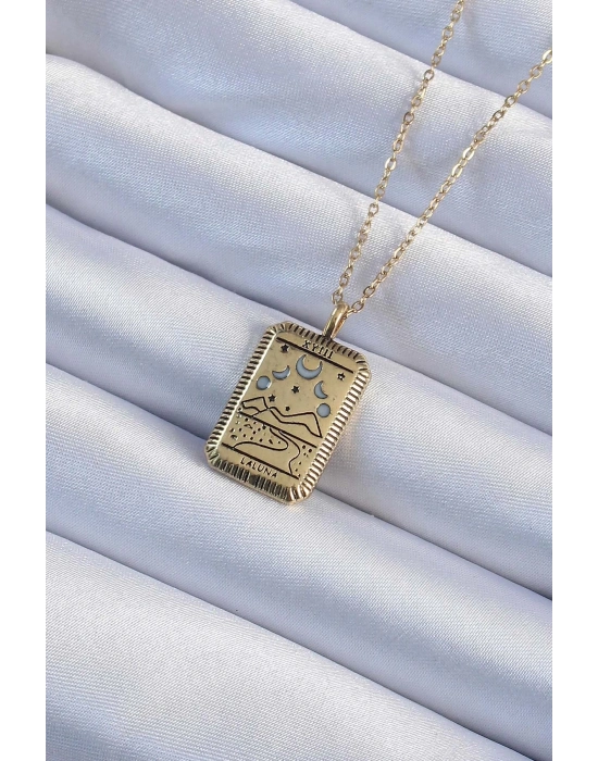 ® 316L Çelik Zincir Eskitme Altın Renk Ay Figürlü Tarot Kolye
