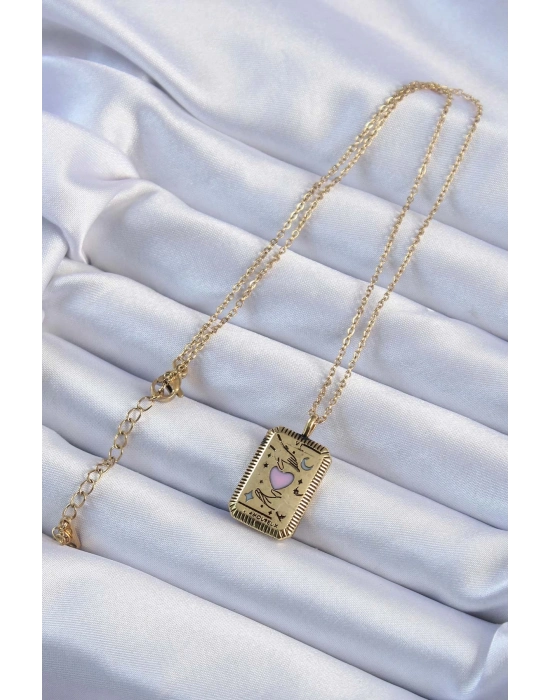 ® 316L Çelik Zincir Eskitme Altın Renk Pembe Mineli Kalp Figürlü Tarot Kolye