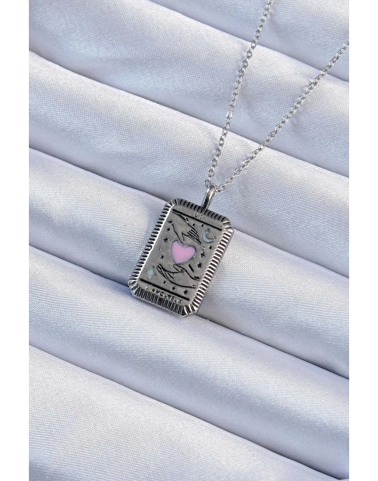 ® 316L Çelik Zincir Eskitme Gümüş Renk Pembe Mineli Kalp Figürlü Tarot Kolye