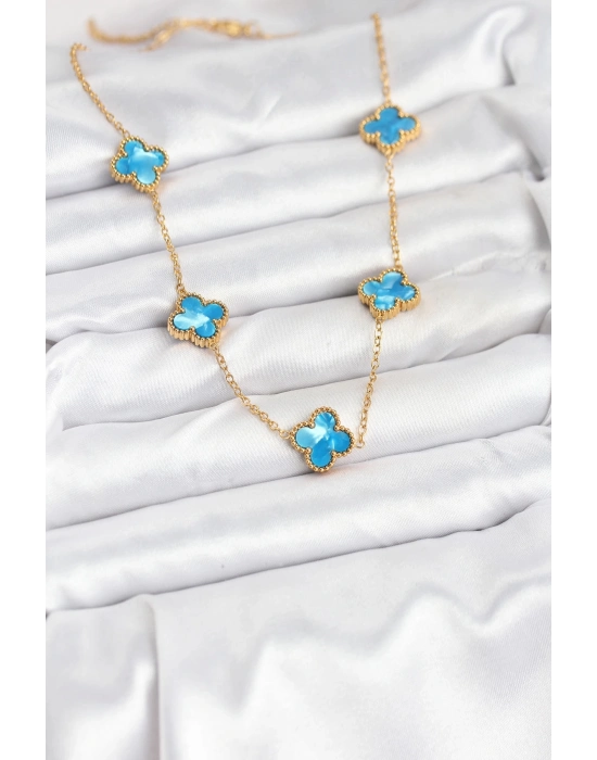 ® 316L Çelik Zincir Gold Buz Mavisi Renk Yonca Kolye