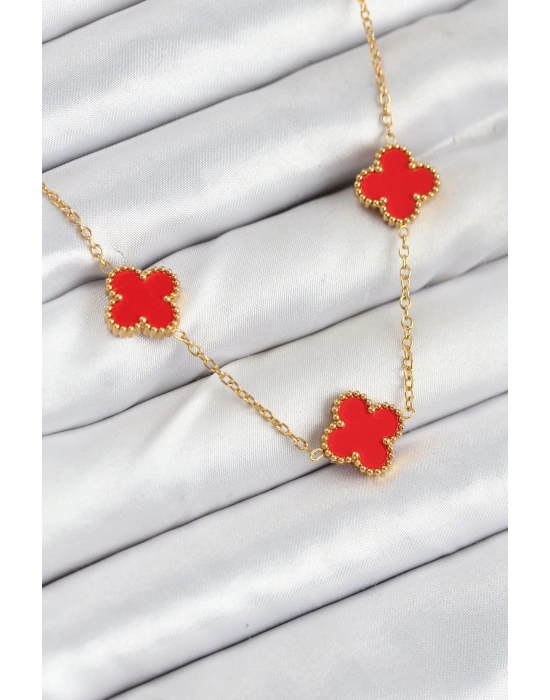 ® 316L Çelik Zincir Gold Kırmızı Renk Yonca Kadın Kolye