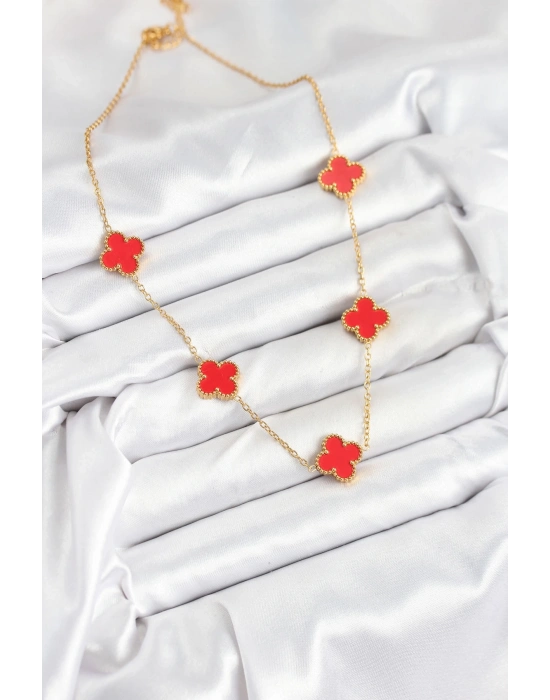 ® 316L Çelik Zincir Gold Kırmızı Renk Yonca Kadın Kolye