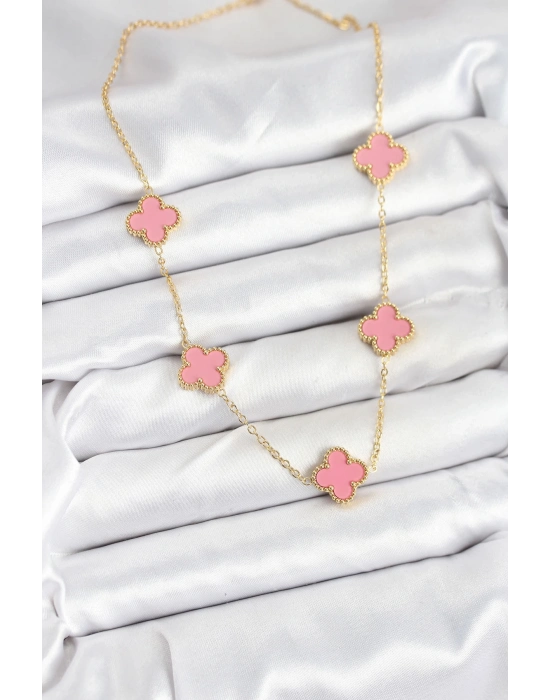 ® 316L Çelik Zincir Gold Pembe Renk Yonca Kadın Kolye