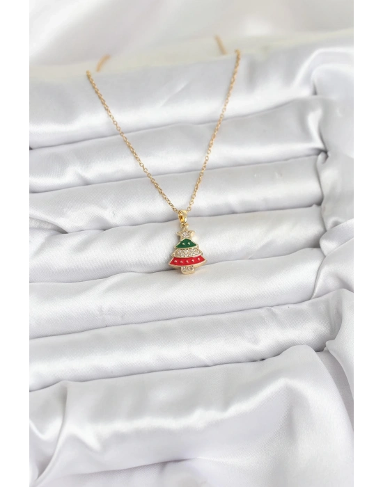 ® 316L Çelik Zincir Gold Ren Çam Ağacı Model Zirkon Taşlı Yılbaşı Temalı Kadın Kolye