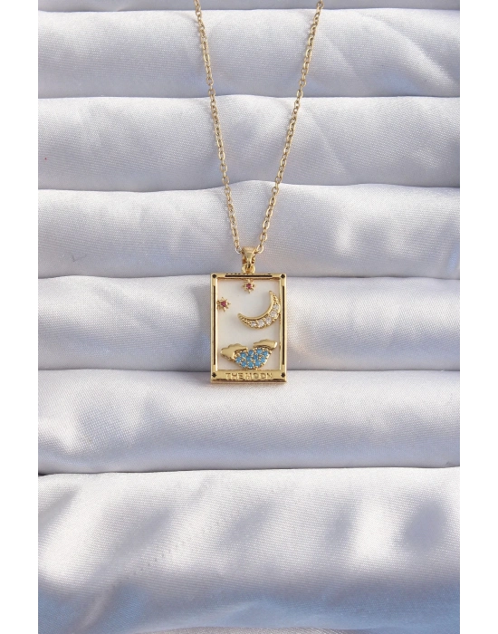® 316L Çelik Zincir Gold Renk Ay Detay Mavi Zirkon Taşlı Tarot Kolye