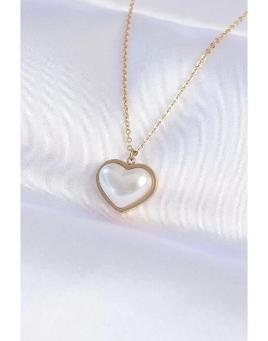 ® 316L Çelik Zincir Gold Renk Beyaz Taşlı Bubble Kalp Kolye