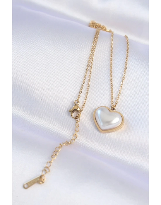 ® 316L Çelik Zincir Gold Renk Beyaz Taşlı Bubble Kalp Kolye