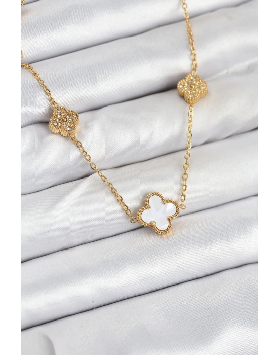 ® 316L Çelik Zincir Gold Renk Beyaz ve Zirkon Taşlı Yonca Kadın Kolye