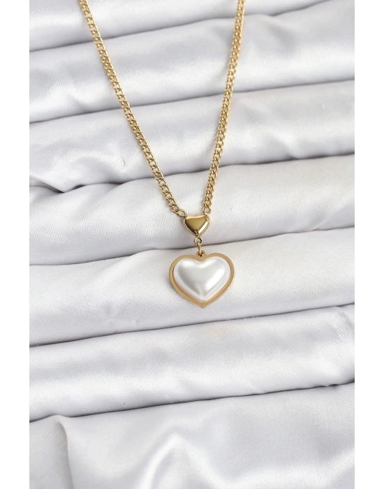 ® 316L Çelik Zincir Gold Renk Bombeli Kalp Model Kadın Kolye