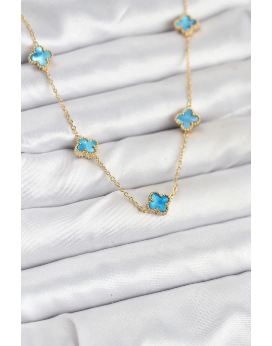 ® 316L Çelik Zincir Gold Renk Buz Mavisi Baby Boy Yonca Kadın Kolye
