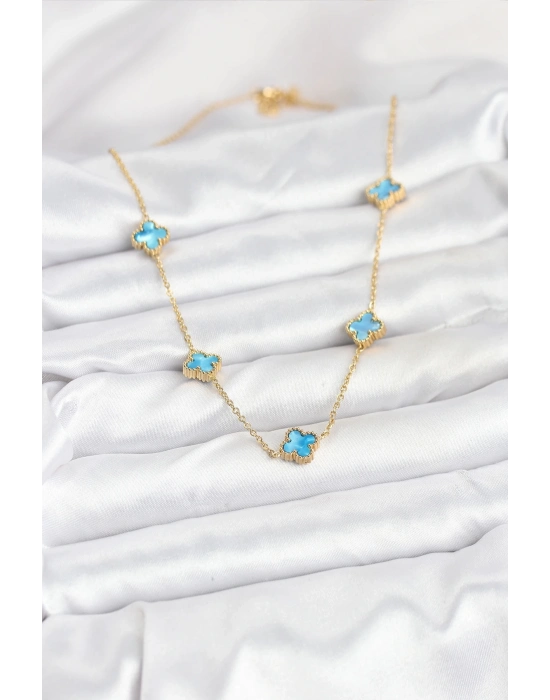 ® 316L Çelik Zincir Gold Renk Buz Mavisi Baby Boy Yonca Kadın Kolye