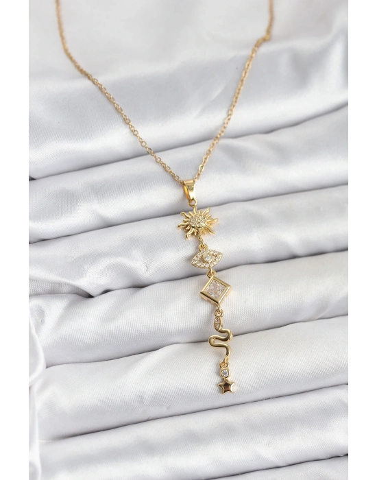® 316L Çelik Zincir Gold Renk Güneş ve Enerji Model Kadın Y Kolye