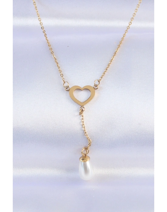 ® 316L Çelik Zincir Gold Renk İnci Taş Detay Kalp Kolye