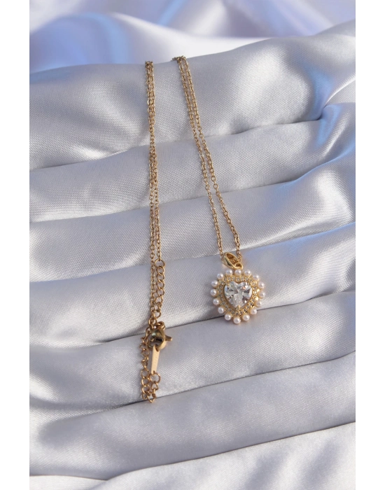 ® 316L Çelik Zincir Gold Renk İncili Zirkon Taşlı Kalp Tasarımlı Kolye