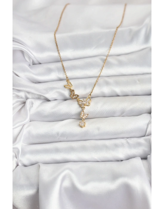 ® 316L Çelik Zincir Gold Renk Kelebek Model Kadın Kolye