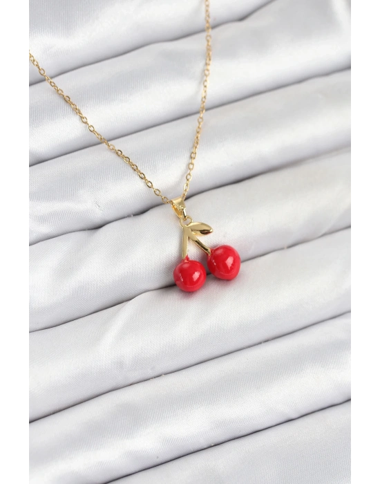 ® 316L Çelik Zincir Gold Renk Kiraz Model Kadın Kolye