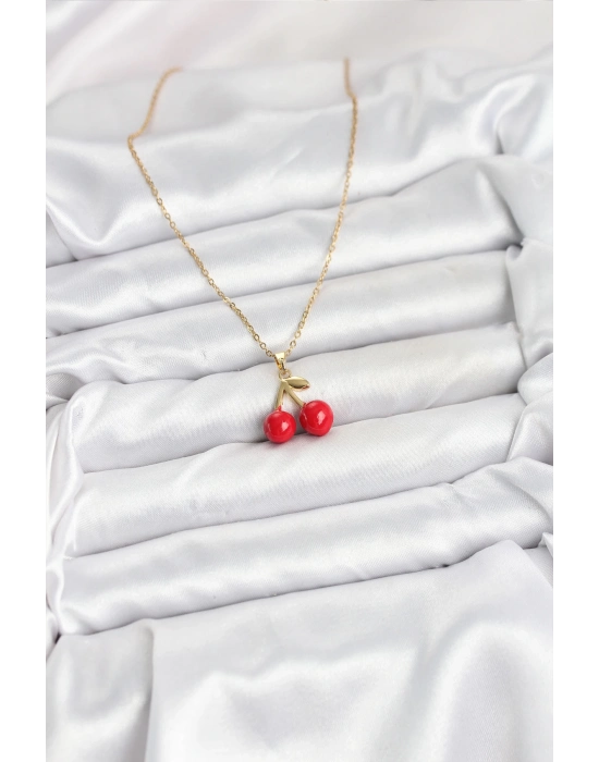® 316L Çelik Zincir Gold Renk Kiraz Model Kadın Kolye