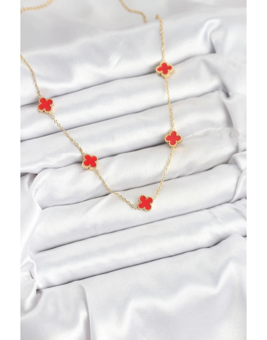 ® 316L Çelik Zincir Gold Renk Kırmızı Baby Boy Yonca Kadın Kolye