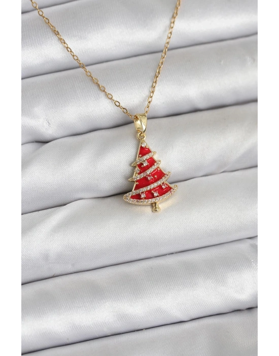 ® 316L Çelik Zincir Gold Renk Kırmızı Çam Ağacı Model Yılbaşı Temalı Kadın Kolye