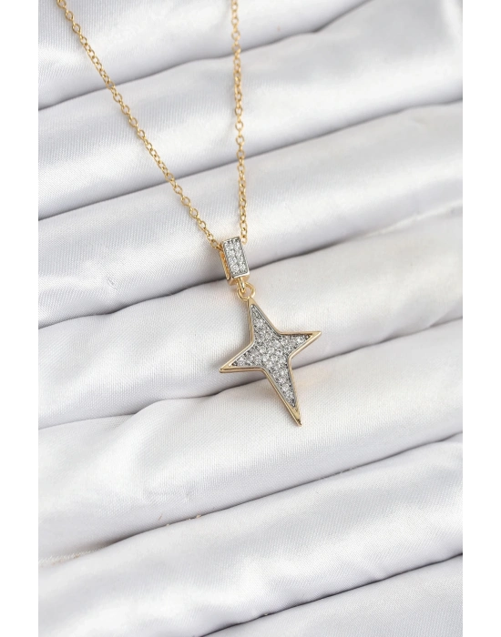 ® 316L Çelik Zincir Gold Renk Kutup Yıldızı Model Zirkon Taşlı Kadın Kolye
