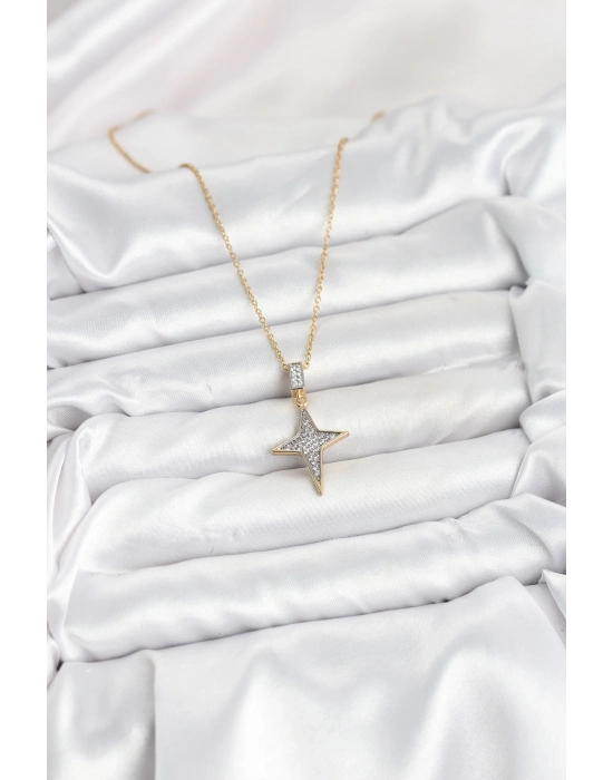 ® 316L Çelik Zincir Gold Renk Kutup Yıldızı Model Zirkon Taşlı Kadın Kolye