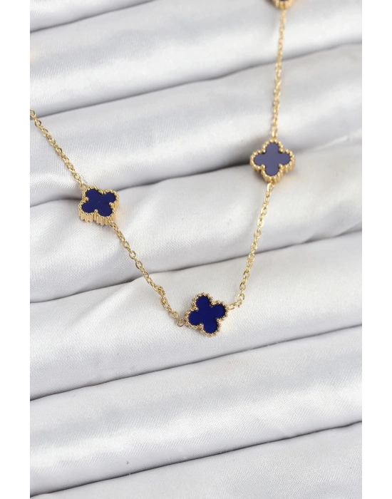 ® 316L Çelik Zincir Gold Renk Lacivert Baby Boy Yonca Kadın Kolye