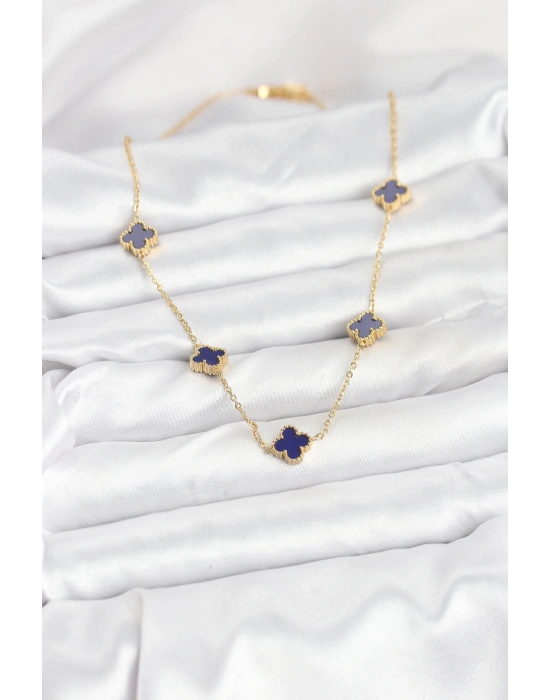 ® 316L Çelik Zincir Gold Renk Lacivert Baby Boy Yonca Kadın Kolye