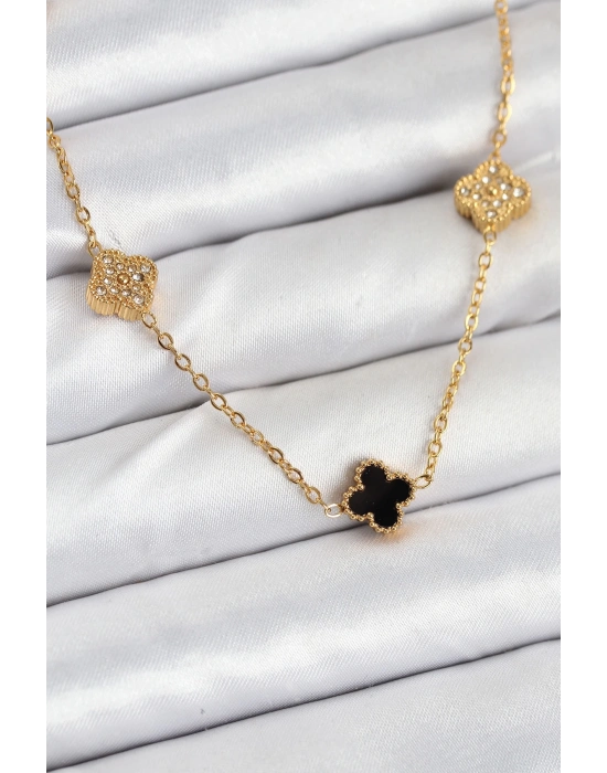 ® 316L Çelik Zincir Gold Renk Siyah ve Zirkon Taşlı Baby Boy Yonca Kadın Kolye