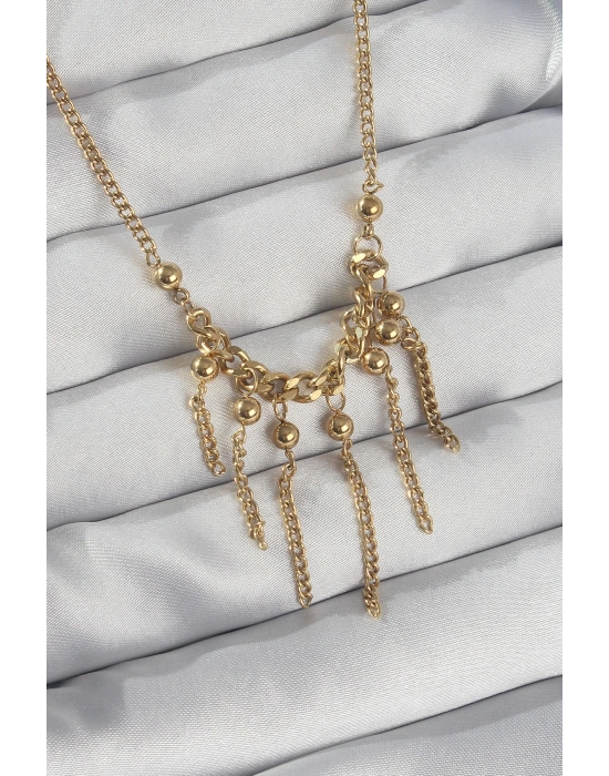 ® 316L Çelik Zincir Gold Renk Topçuk Detay Sallantılı Zincir Kolye