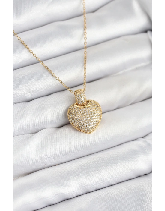 ® 316L Çelik Zincir Gold Renk Zirkon Taşlı Kalpli Kadın Kolye