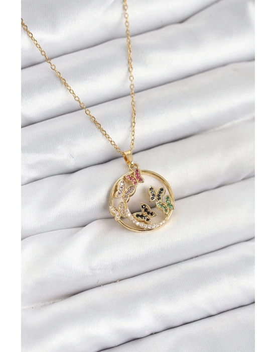 ® 316L Çelik Zincir Gold Renk Zirkon Taşlı Kelebekli Kadın Kolye