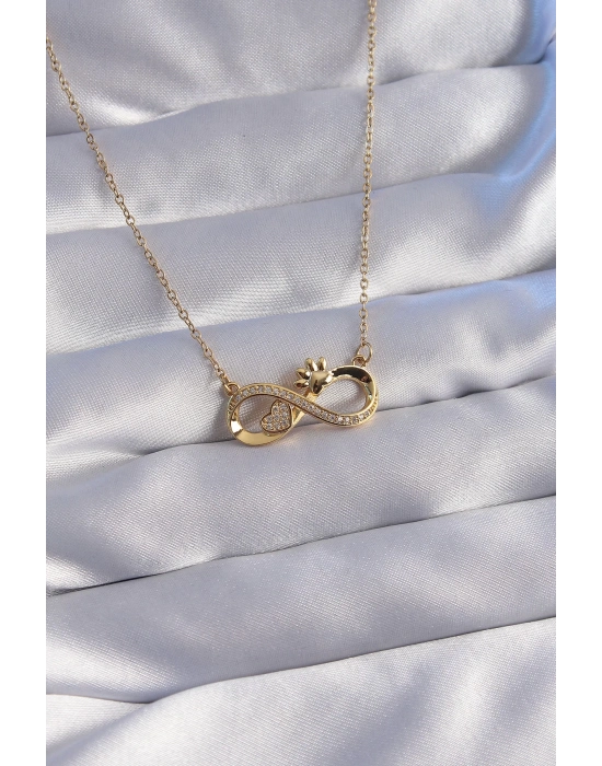 ® 316L Çelik Zincir Gold Renk Zirkon Taşlı Pati ve Kalp Detaylı Sonsuzluk Kolye