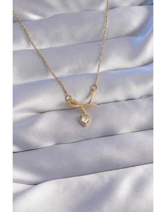 ® 316L Çelik Zincir Gold Renk Zirkon Taşlı Yarım Fiyonk Kalp Kolye