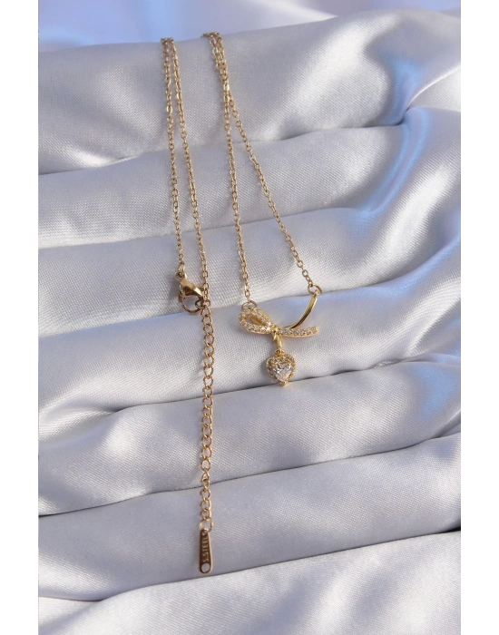 ® 316L Çelik Zincir Gold Renk Zirkon Taşlı Yarım Fiyonk Kalp Kolye